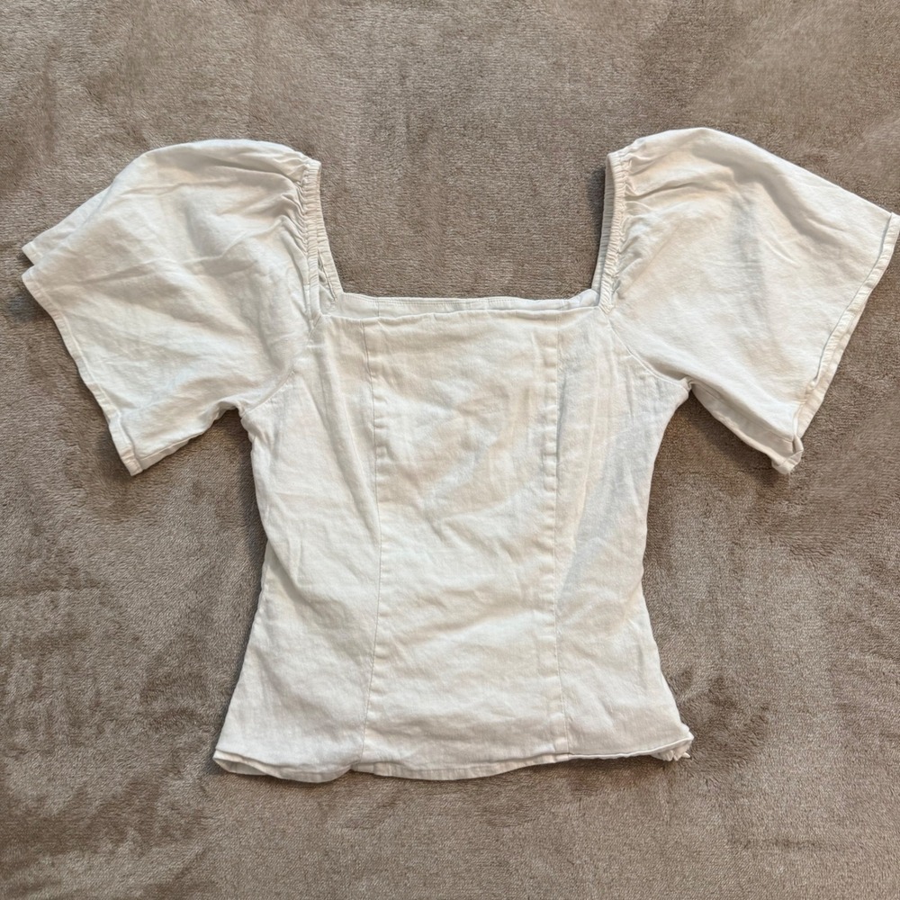 Antonio Melani White Linen Blend Square Neck Puff Sleeve Blouse Size 0